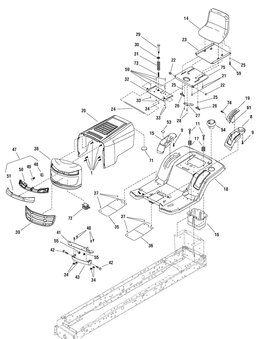 Hood And Seat Group Diagram and Parts List for 7800568-RT195460 2009 Briggs and Stratton Lawn Tractor